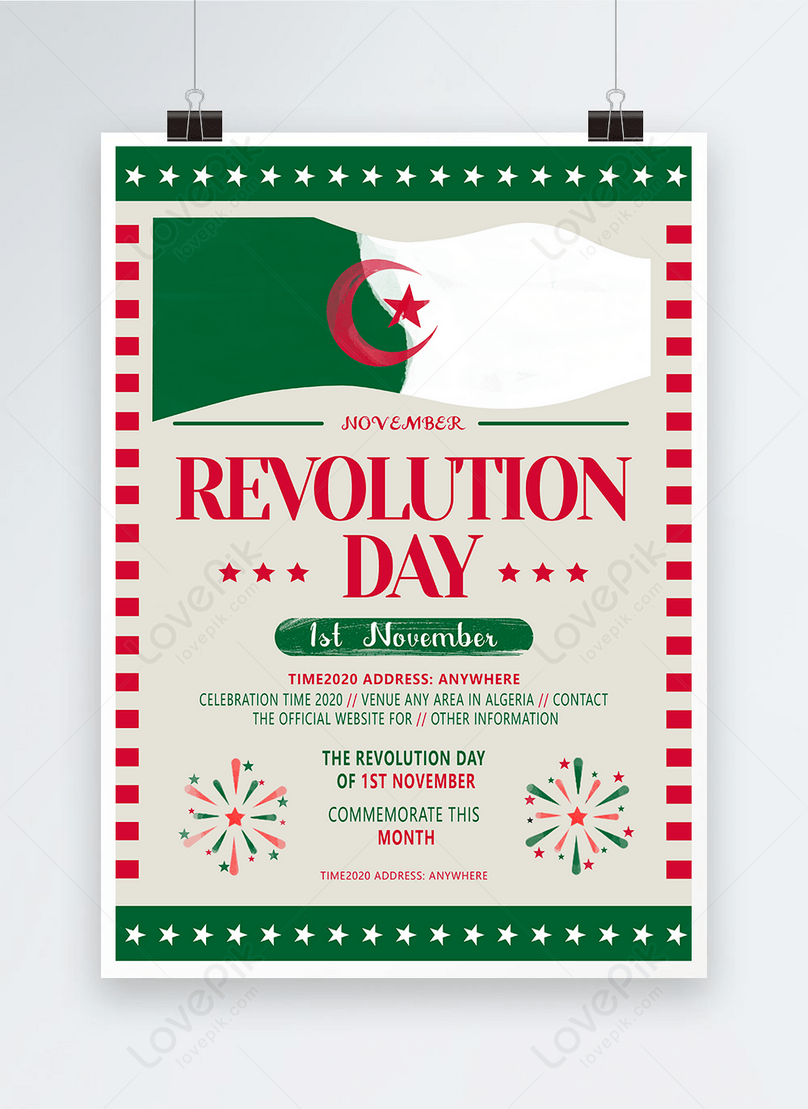 Anniversary Of The Revolution In Algeria Poster Template, green poster, commemorative poster, revolutionary festival poster