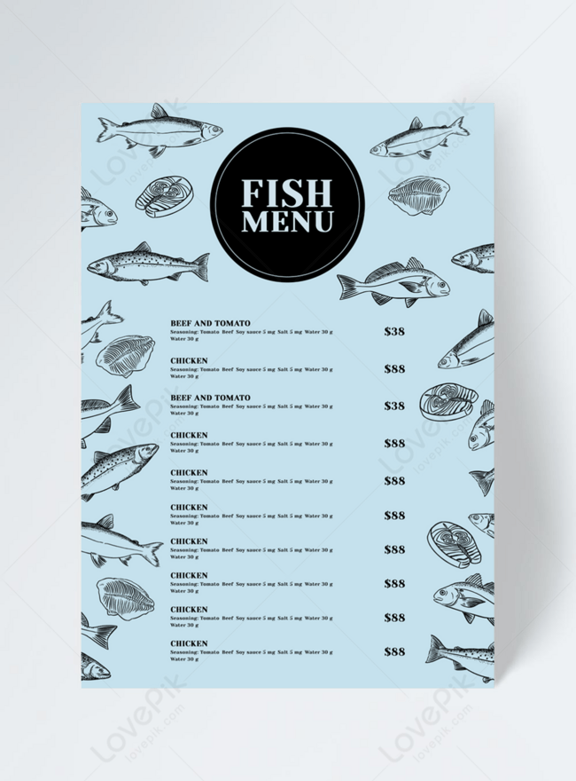 Stylish Blue Background Ocean Fish Underwater World Restaurant Menu Flyer Template, blue background menu, fashion menu, fish menu
