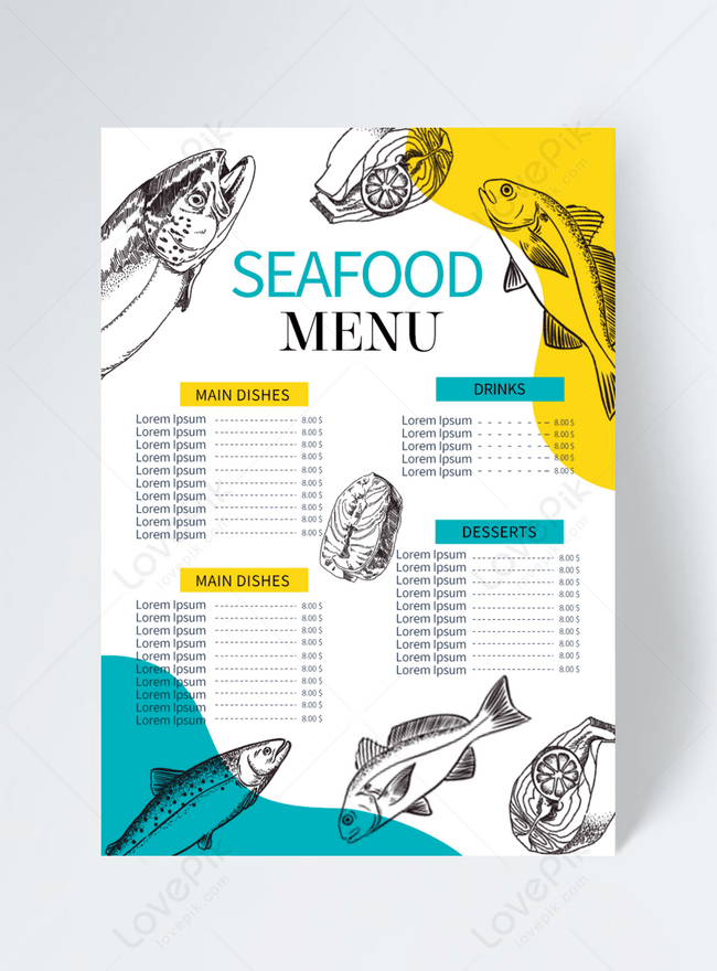 Colorful Hand Drawn Underwater World Restaurant Menu Template, color menu, fish menu, hand drawn menu
