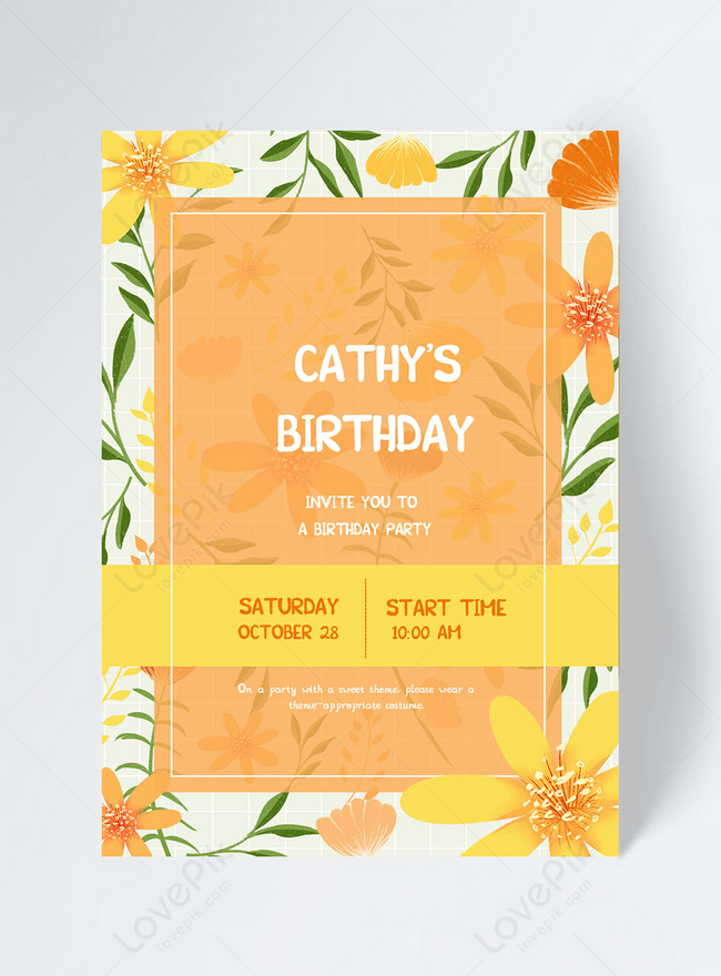 Yellow Birthday Invitation Template, yellow invitation, birthday invitation, plant border invitation
