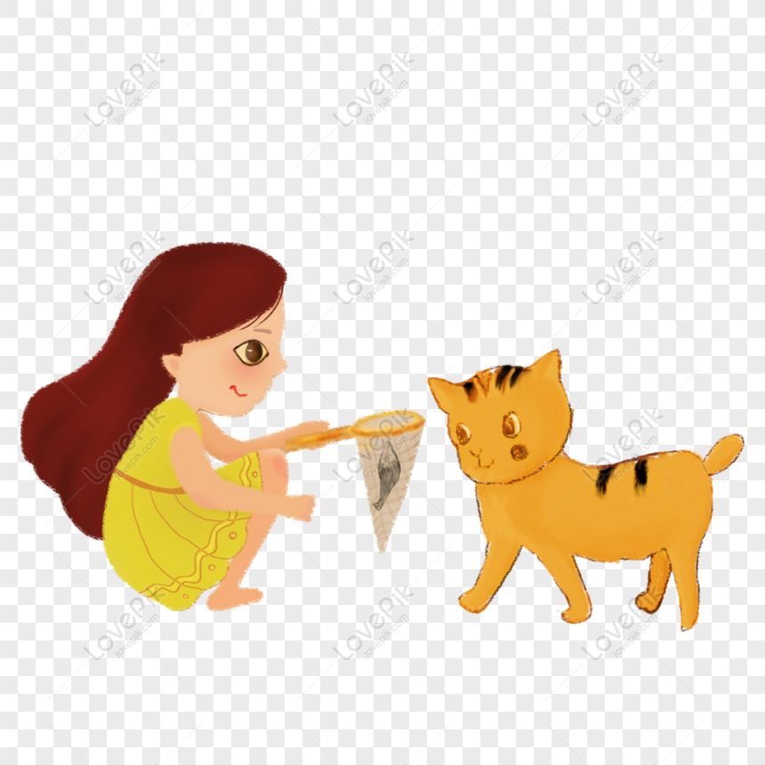 Free Cat And Girl Small Fresh Illustration Psd Material, Cat, Girl ...