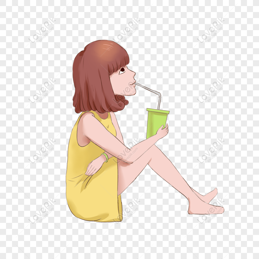 Free Short Hair Girl Sitting And Drinking Beverage Element Design ...