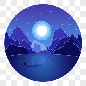 Original moon boat simple scenery silhouette illustration elemen, Blue, landscape, high mountains png image