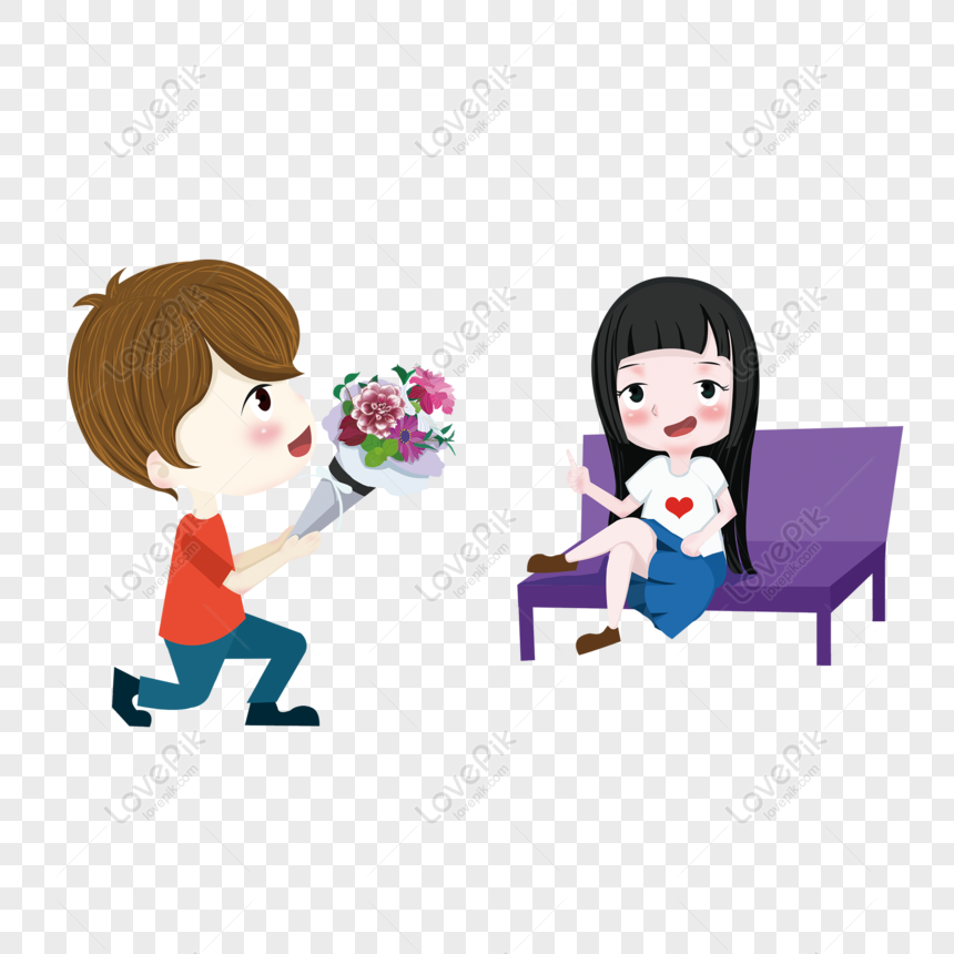 Free Cute Cartoon Valentines Day Beautiful Romantic Couple Giving Flo PNG  Transparent Image PNG & PSD image download - Lovepik