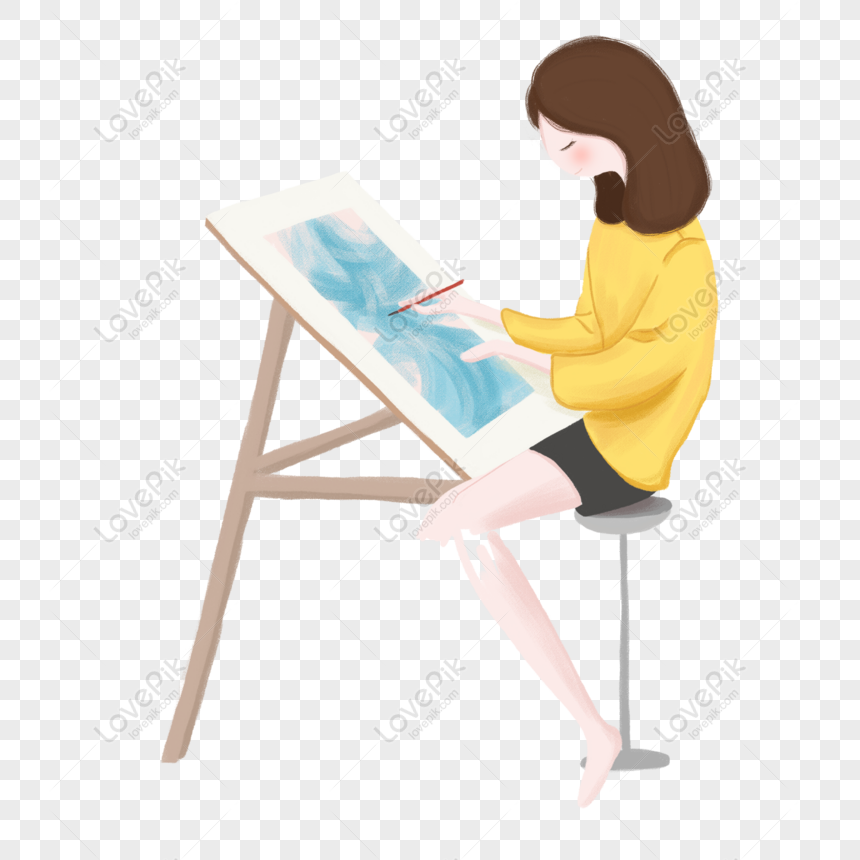 Vetores de Menina Está Pintando Um Desenho Sobre O Cavalete Com
