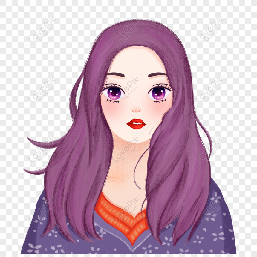 Free Beautiful Purple Long Haired Girl With Decorative Elements PNG ...