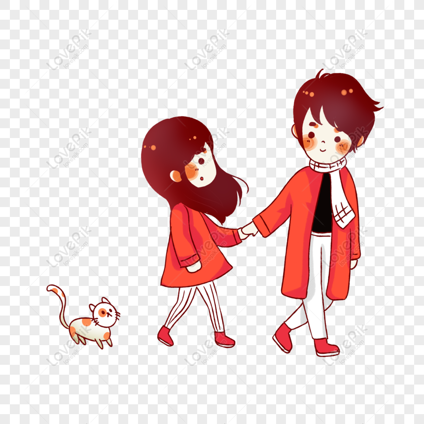 Hình ảnh Cặp đôi Hoạt Hình Màu đỏ Với Các Yếu Tố Cặp đôi Và Mèo ...