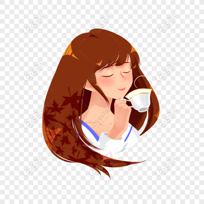 Free Hand Drawn Wind Cartoon Girl Drinking Coffee Enjoying Gourmet Co Free  PNG PNG & PSD image download - Lovepik