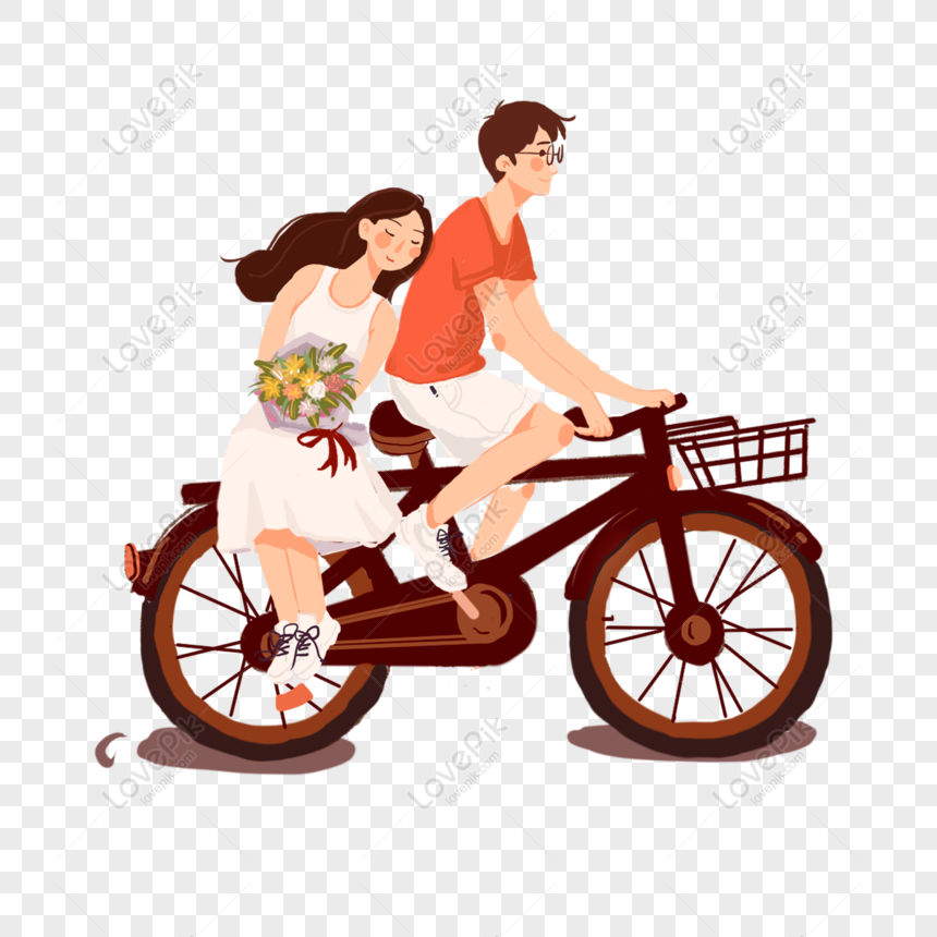 Free Hand Drawn Couple Riding Bicycle Original Elements, Bouquet ...