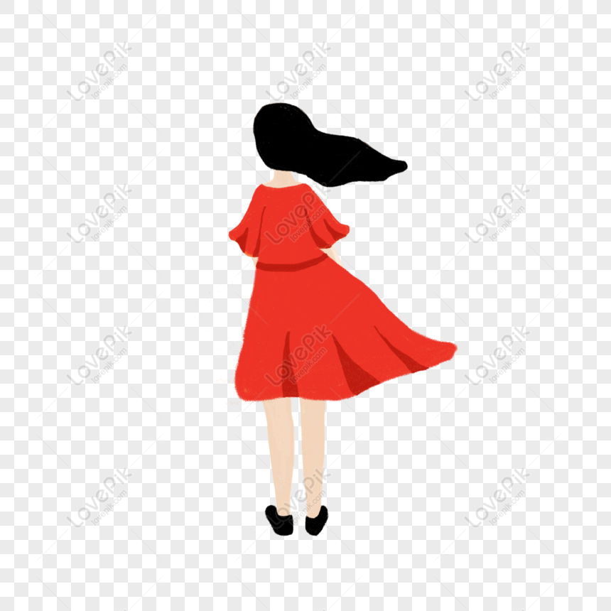 Free Girl With Windy Red Dress Black Shoes Black Hair Girl Back View PNG  Transparent Background PNG & PSD image download - Lovepik