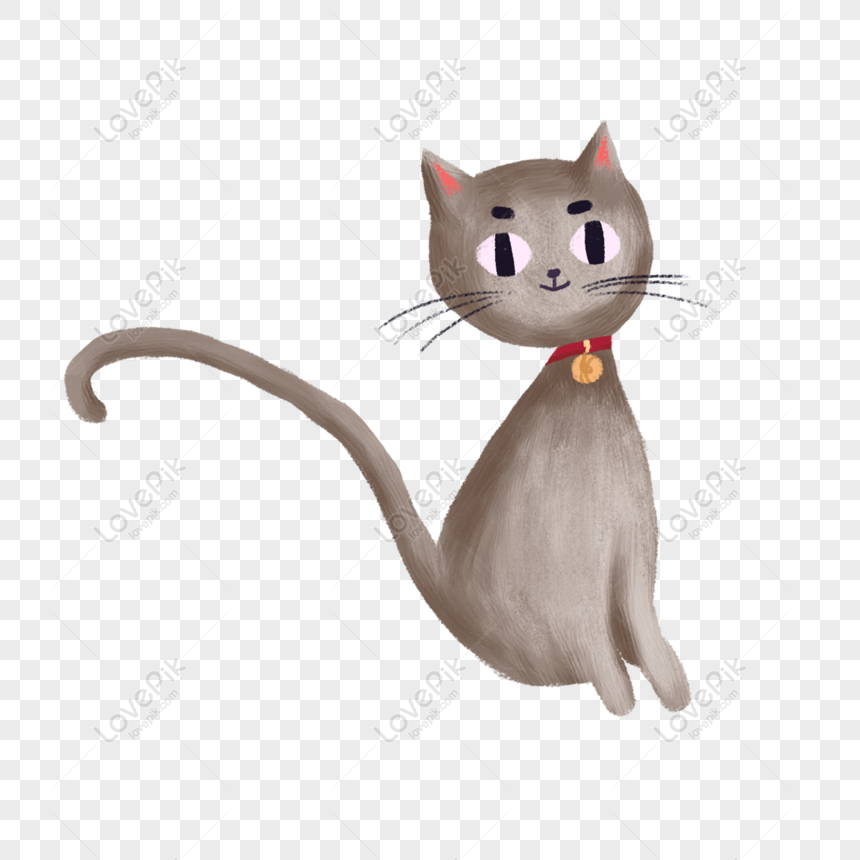 Free Hand Drawn Cartoon Cute Little Gray Cat With Bell PNG Transparent