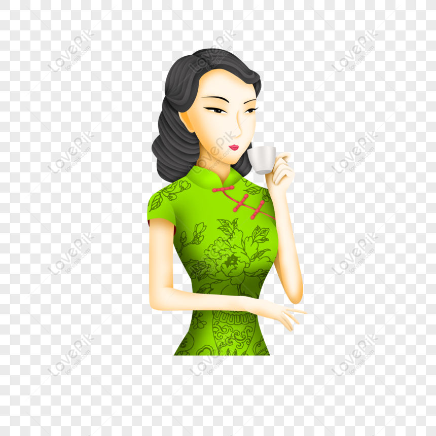 Free Elegant Woman Cartoon Character Wearing Green Cheongsam Drinking PNG  Transparent Image PNG & PSD image download - Lovepik