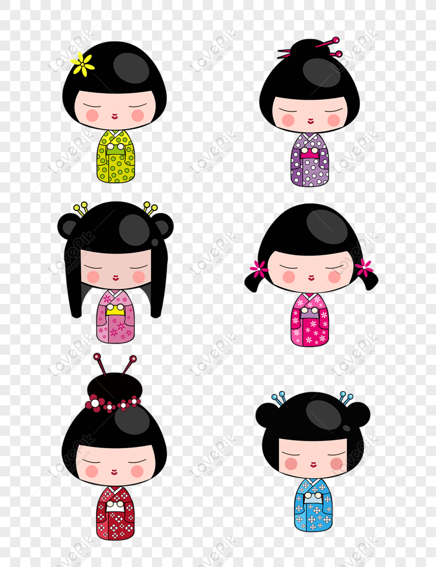 Gratis Bahan Boneka Kimono Lucu Digambar Tangan Kartun PNG AI