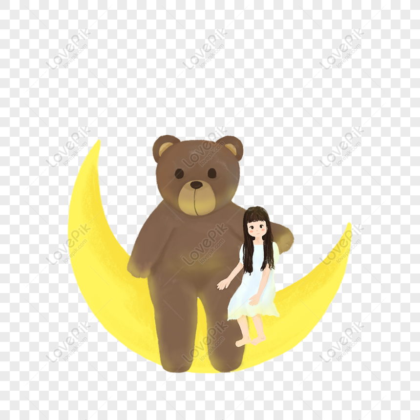 Free Girl And Bear Sitting On The Moon Can Be Commercial Elements PNG Free  Download PNG & PSD image download - Lovepik