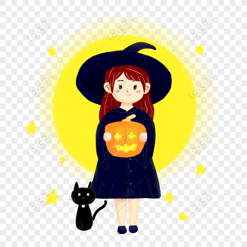 Hình ảnh Vẽ Tay Hoạt Hình Vật Liệu Halloween Phù Thủy Mèo đen Bí ...