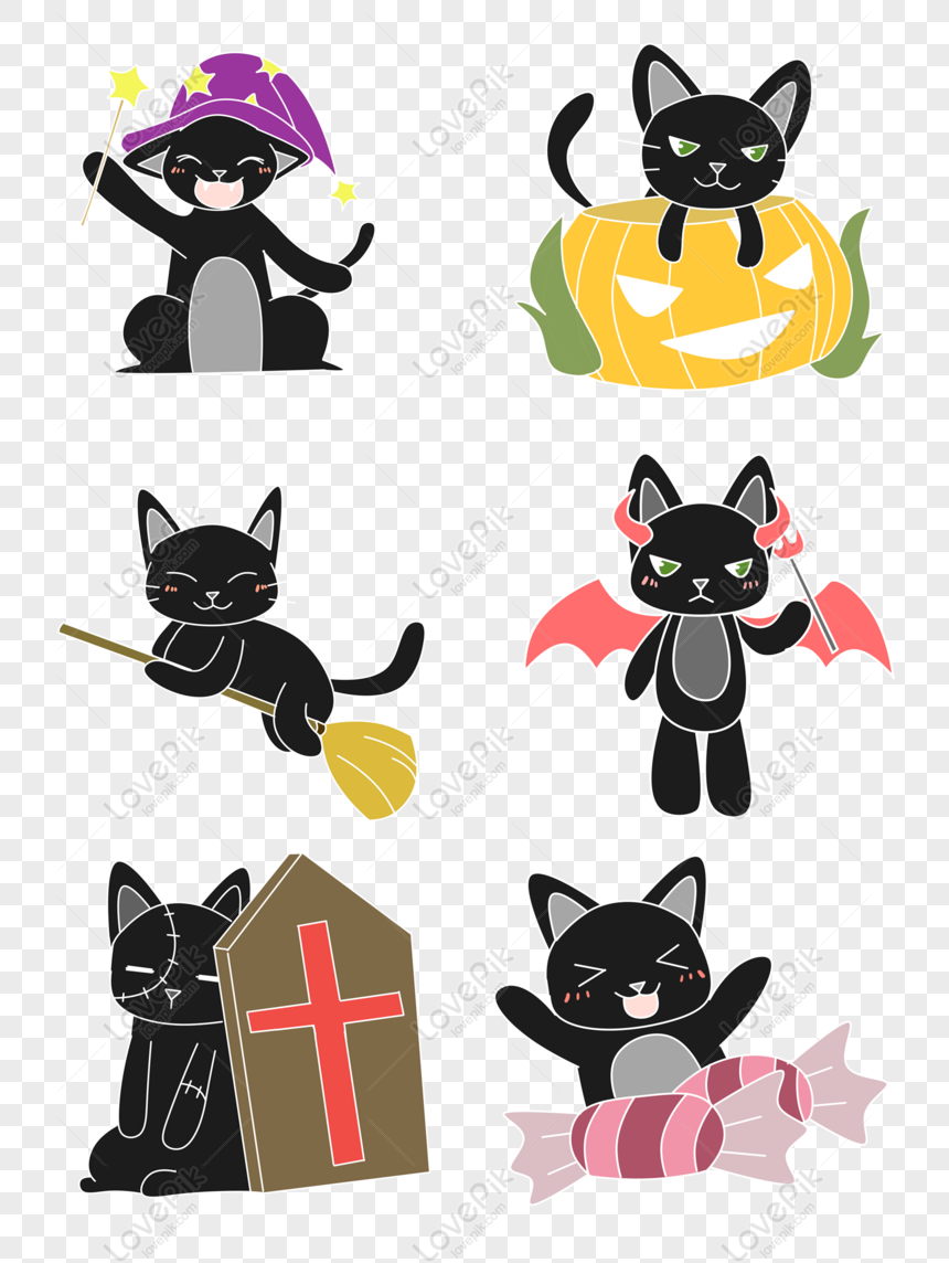 Free Original Cute Cartoon Fresh Halloween Black Cat Set Illustration PNG  Free Download PNG & PSD image download - Lovepik