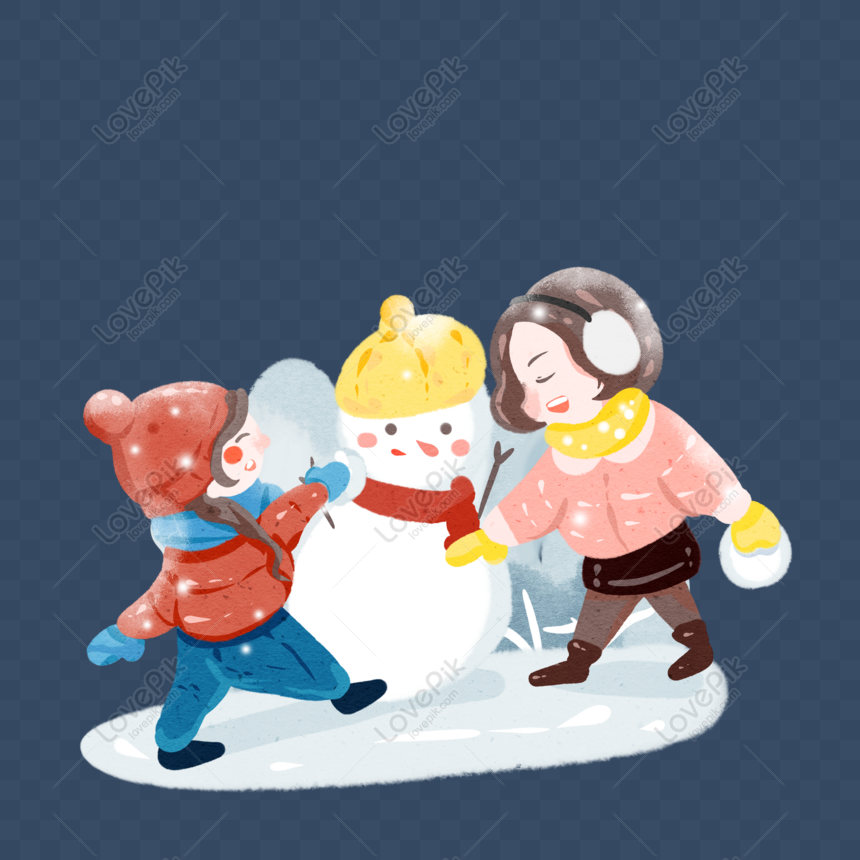 Free Winter Children Snowballing Scene Snowing Snowman Flat Cartoon E ...