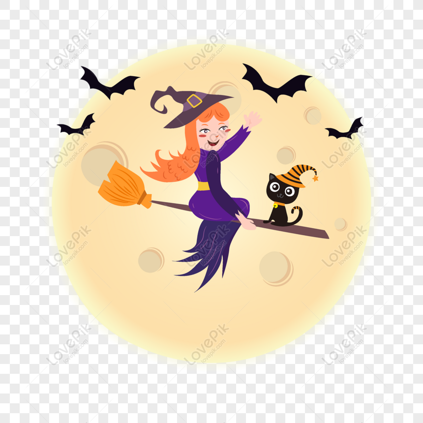 Free Hand Drawn Cartoon Moon Before Driving Broom Flying Witch And Bl PNG  Image PNG & AI image download - Lovepik