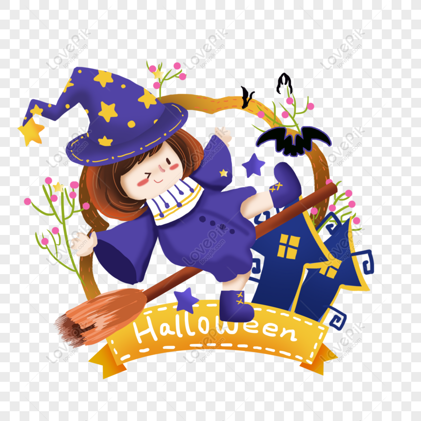 Free Halloween Witch With Broom Cartoon Cute Character Funny ...