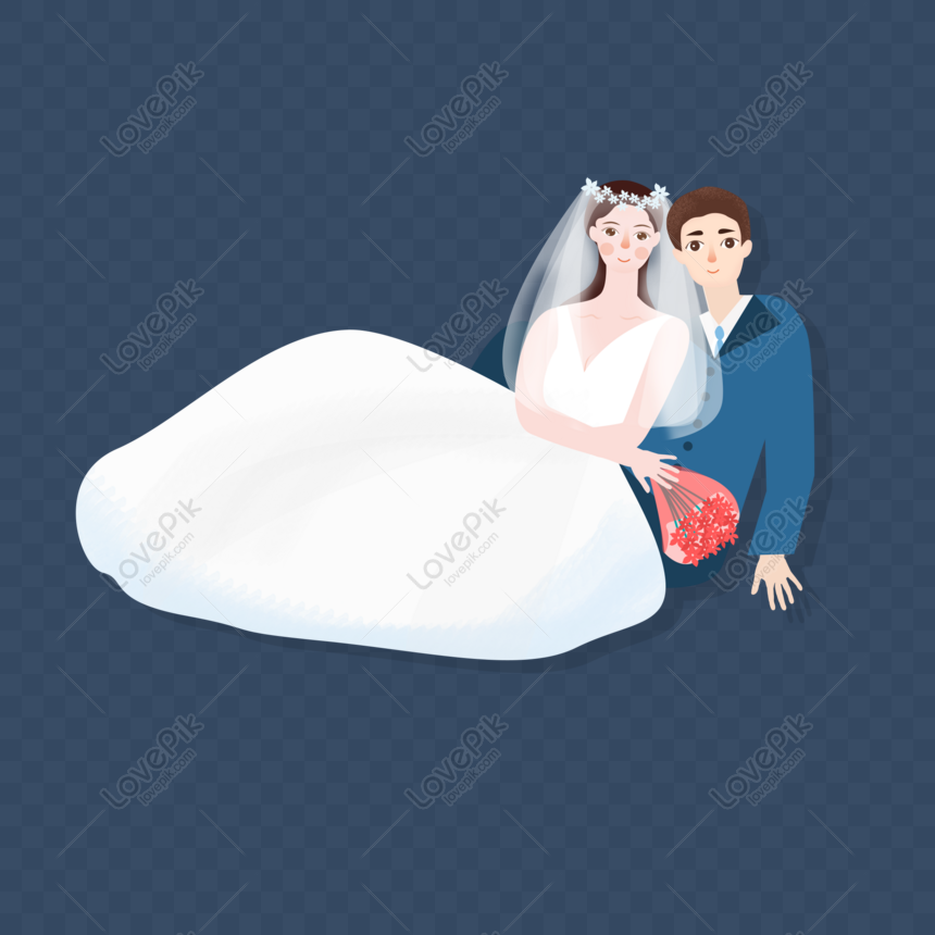 Free Bride And Groom Cartoon Elements Sitting Together PNG White  Transparent PNG & PSD image download - Lovepik