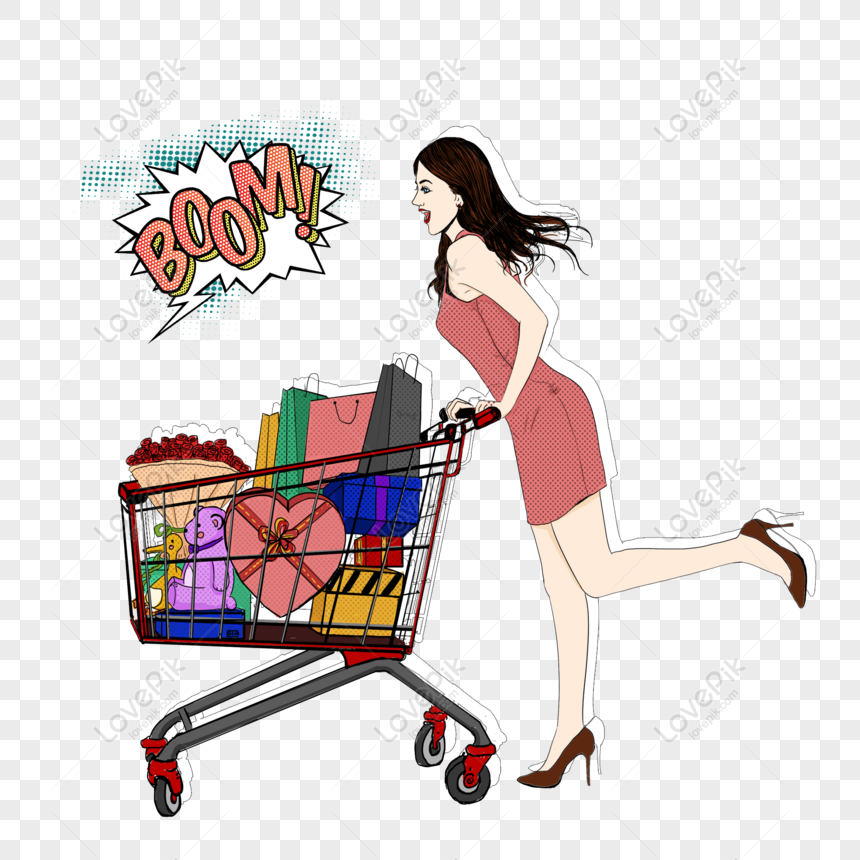 Señora Que Empuja Un Carro De Compras En El Supermercado. Fotos