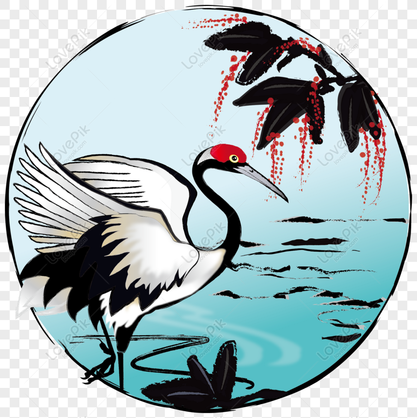 Free Hand Painted Ink Chinese Style Crane Crane Red Crowned Crane Pla Hand Painted Ink