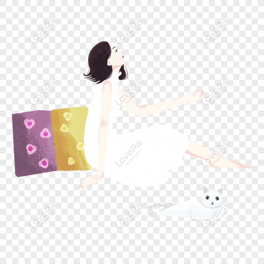 Free Hand Drawn Cute Girl And Cat Png Material, Cat, Girl Element ...