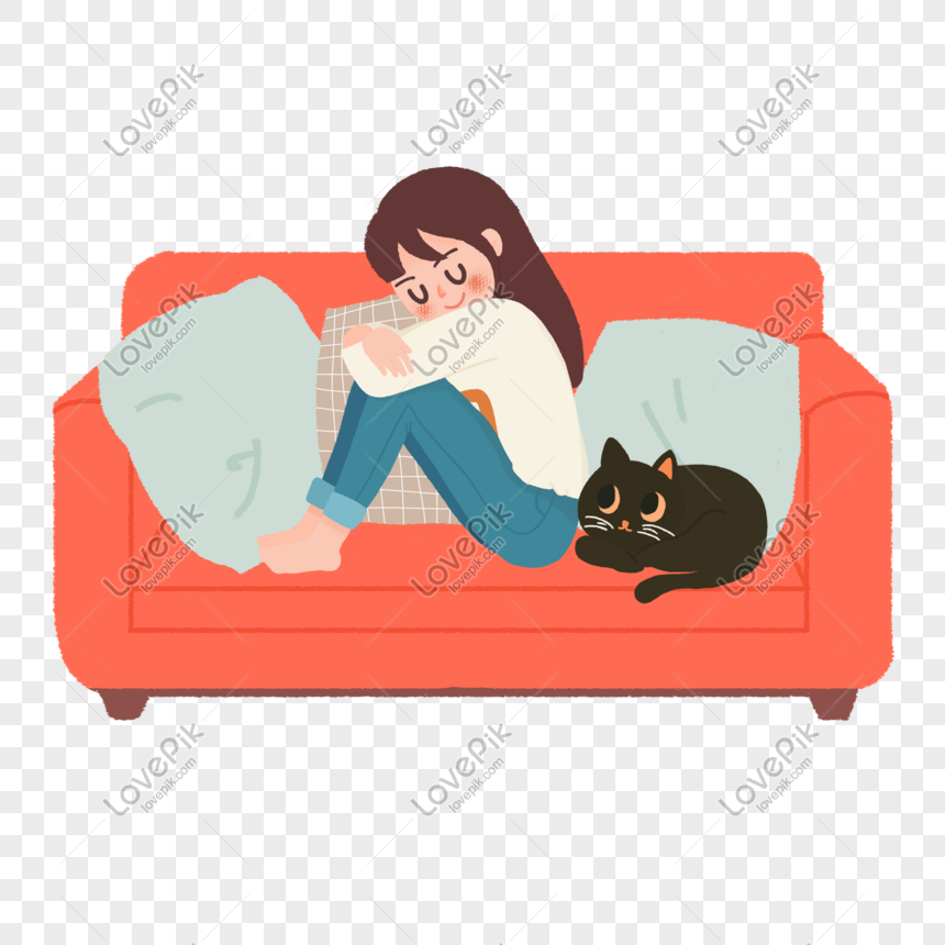 Hand Drawn Cartoon Girl And Cat Sitting On Sofa Original Element, Art ...