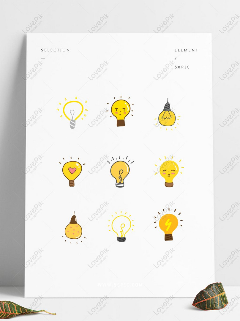 Cartoon Hand Drawn Cute Yellow Light Bulb Vector Element PNG ...