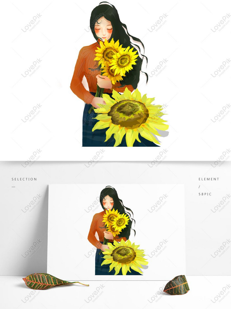 Elemen Dekoratif  Gadis Bunga Matahari Yang  Indah Gambar 