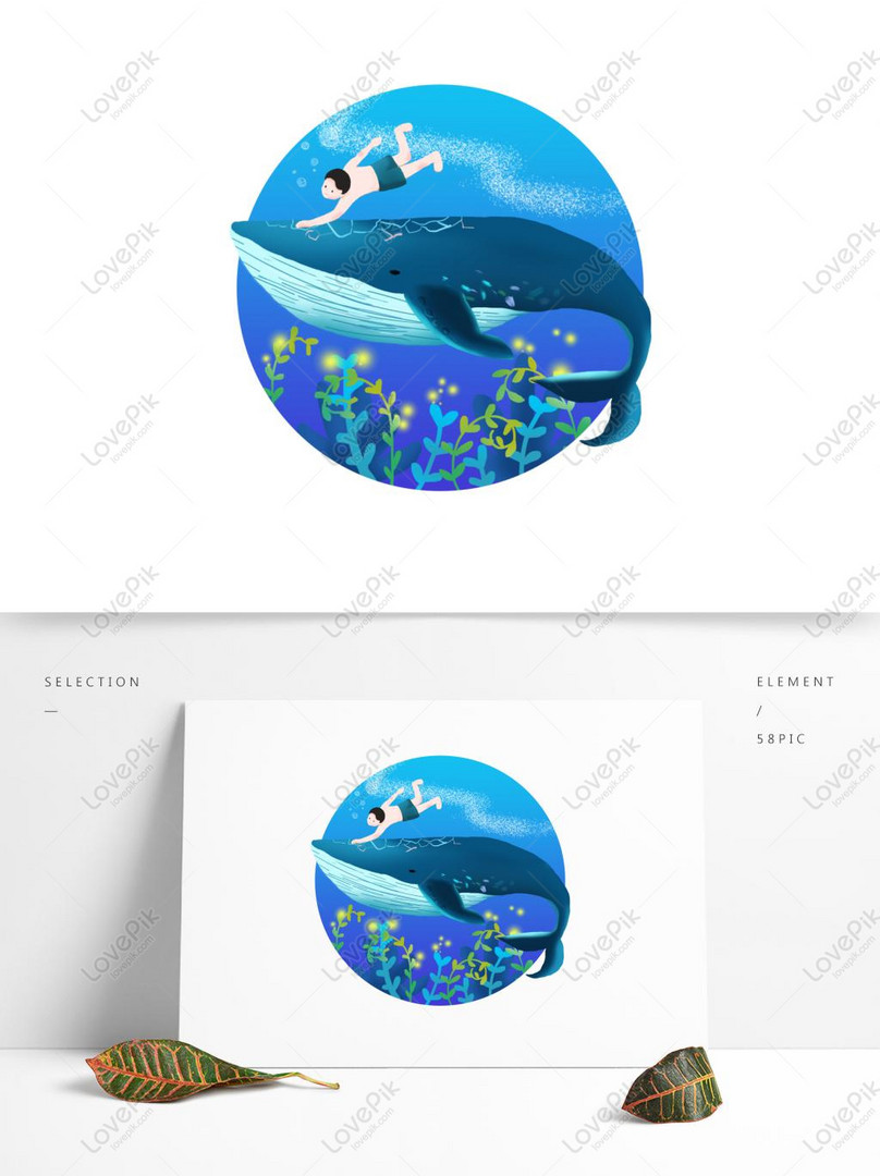 美しい夢の生き物クジラと少年の相互作用海遊び水イラストイメージ