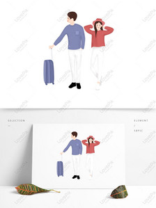 Cartoon couple elements with suitcases traveling, Take suitcase, travel, cartoon png image