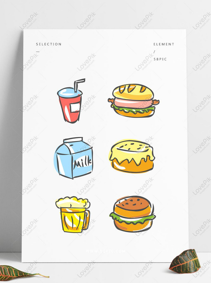 Food Elements Hand Drawn Cute Cartoon Fast Food Drink Burger PNG ...
