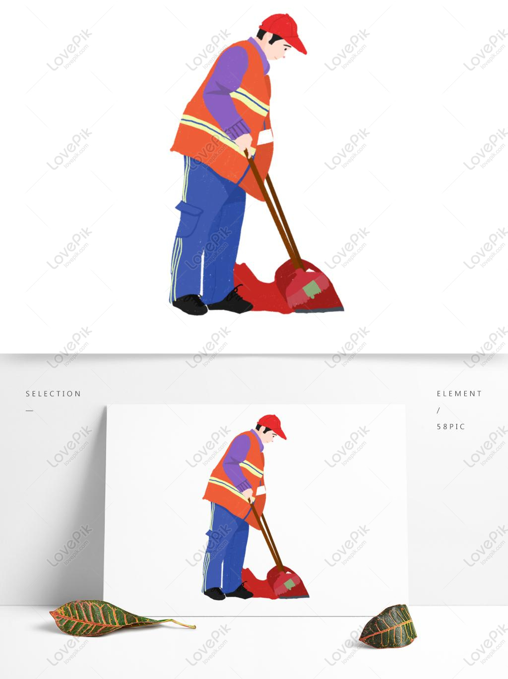 Hand Drawn Cartoon Sanitation Worker Cleaning Original Elements ...