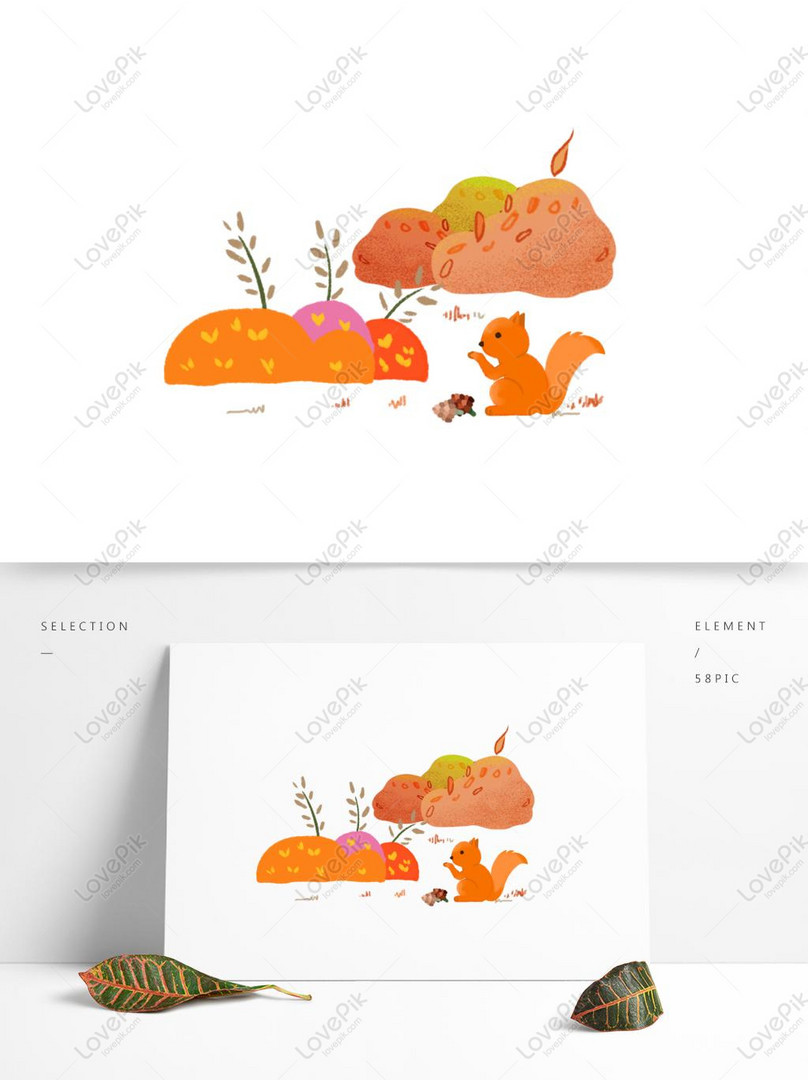手描きの風 紅葉 枝 素材 秋 小さなリス イラスト素材イメージ