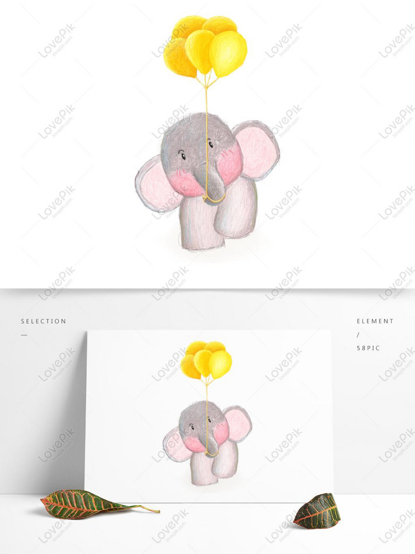 Tangan Ditarik Kartun Gajah Elemen Kuning Balon Asli Gambar Unduh