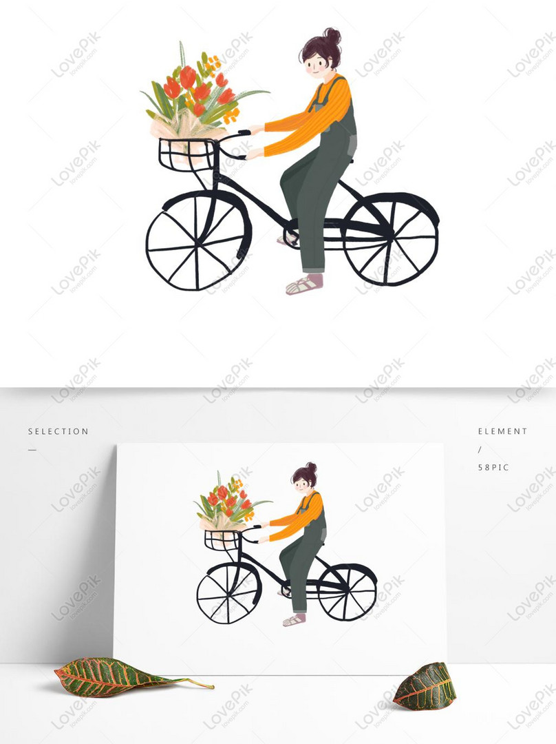 Cycling Girl And Flowers Cartoon Elements PNG Hd Transparent Image PSD  images free download_1369 × 1024 px - Lovepik