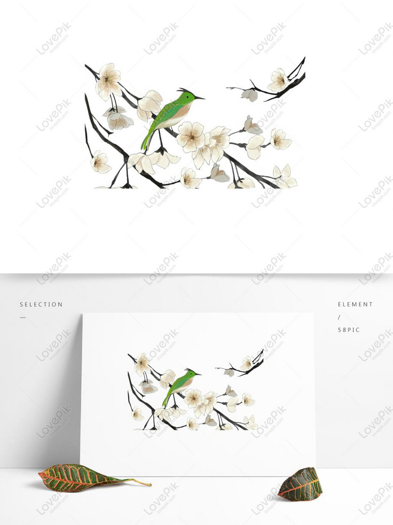 Elemento De Dibujos Animados De Flor Blanca Rama Pájaro Verde PNG Imágenes  Gratis - Lovepik