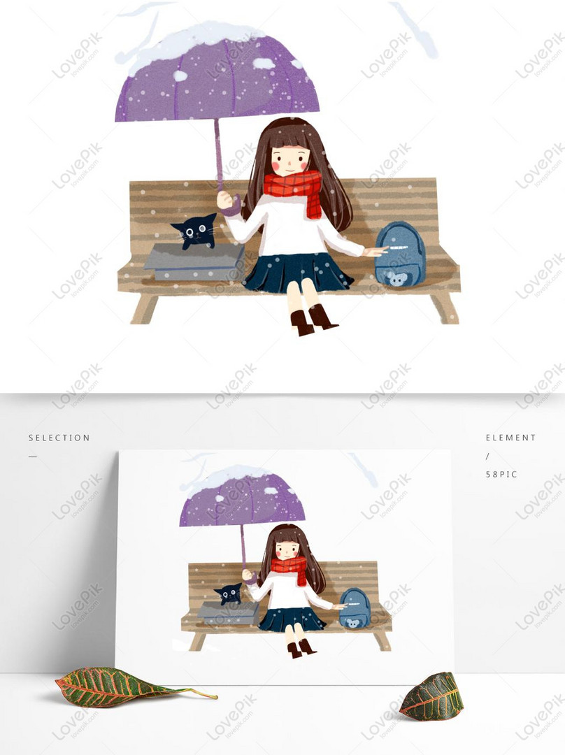 Female Student Sitting On A Park Bench With Umbrella In The Snow ...