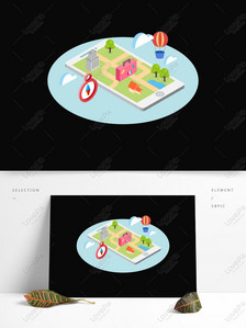 Business 25D mobile phone and people travel and work shopping, Hot air balloon, cloud, tree png image