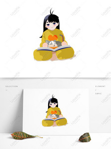Cartoon girl writing homework and cat lying on books, Cartoon, fresh, creative png image