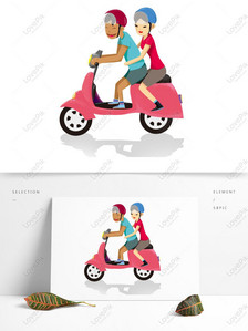 Cartoon safe travel couple with helmet riding electric car, Cartoon, safe travel, illustration png image