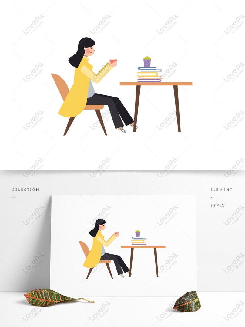 Gadis Kartun Duduk Di Meja Minum Teh Gambar Unduh Gratis Grafik