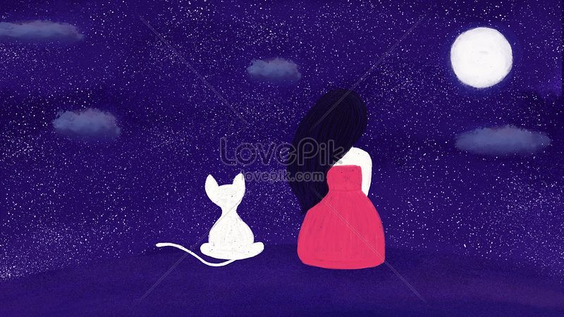 紫色の夜空 月見ている女の子と猫のイラストイメージ 図 Id