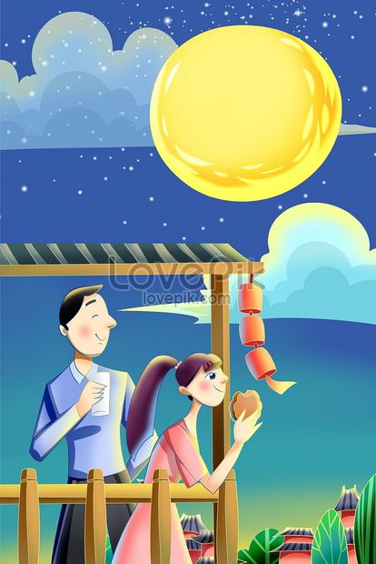 Mid-autumn festival view moon night hand drawn illustration ...