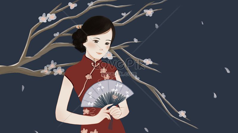 Hand drawn style cheongsam theme illustration illustration image ...