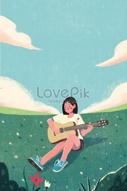 草原の女の子がギターのイラストイメージ 図 Id Prf画像フォーマットjpg Jp Lovepik Com