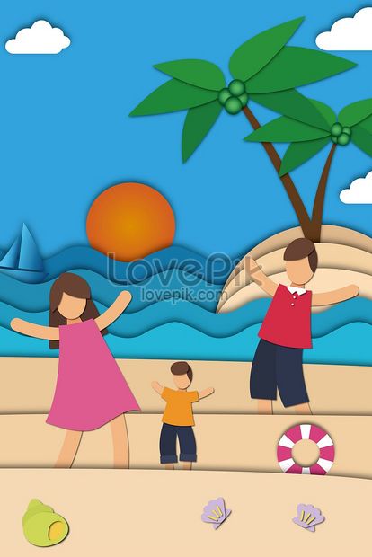 美しい海辺の旅行者家族紙カットクリエイティブイラストイメージ 図 Id Prf画像フォーマットjpg Jp Lovepik Com