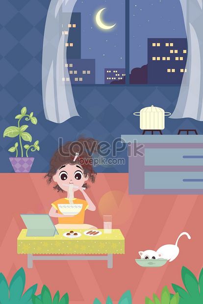 一人暮らし都会の女の子夜の家を食べる手描きイラストイメージ 図 Id Prf画像フォーマットjpg Jp Lovepik Com