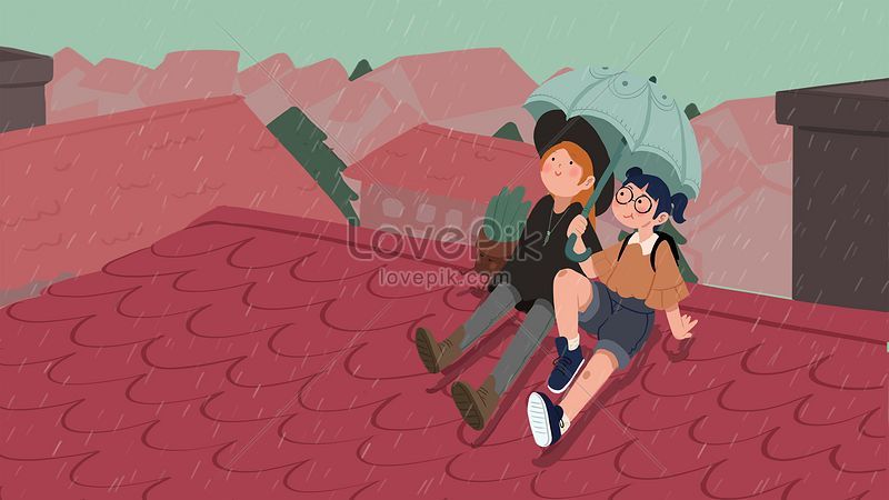 二人の女の子が座って雨屋根 イラスト素材 無料ダウンロード - Lovepik